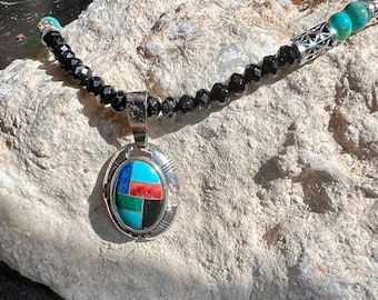Carolyn Pollack Sterling Silver Pendant Necklace: Onyx, Turquoise Inlay