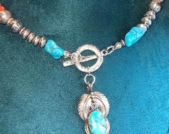 Kingman Turquoise Necklace, Sterling Silver Leaf Pendant, Spiny Oyster, Navajo Bench Spacers