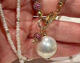 Seed Pearl Necklace: Hill Tribe Silver, Freshwater Pearl Pendant, Red Disco Balls