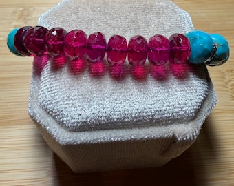 Bracelet en turquoise, turquoise, perles de rubis naturels rouges translucides, argent pur, fermoir à ardillon, poignet de 6 à 6,5 pouces, rallonge jusqu'à 7,5 pouces
