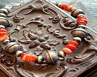 Bracelet navajo en argent sterling oxydé, huître épineuse rouge, perles du désert