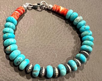 Bracelet Kingman turquoise, huîtres épineuses rouges, argent sterling navajo