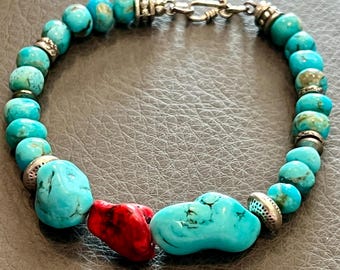 Kingman Turquoise Bracelet: Red Coral, Karen Hill Tribe Silver, Southwestern Style