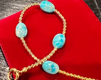 Kingman Turquoise Bracelet: Gold Filled Bead, Delicate Design