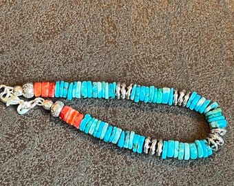 Turquoise & Spiny Oyster Bracelet: Karen Hill Tribe Silver, Sterling Clasp