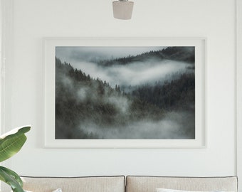 Foggy Forest Trees, Modern Forest Art, Nature Green Landscape Photography Print, Moody Wall Art Print, Misty Fog Forest Nature Wall Decor