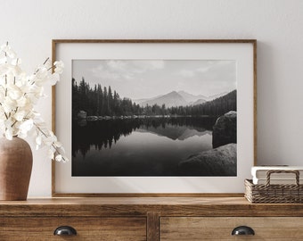Black and White Colorado Mountain Print, Nature Decor, Rocky Mountain Wall Art, Bear Lake Print Black and White, Colorado Photography Prints