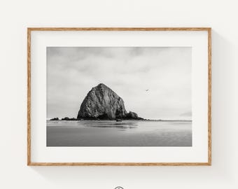 Haystack Rock Black and White Print, Cannon Beach Oregon Wall Art, Coastal Photography, Minimalist Beach Decor