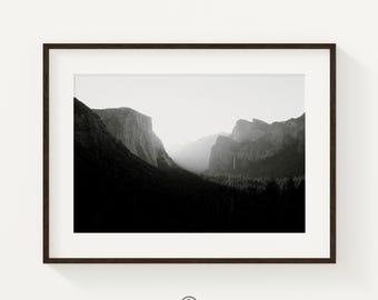 Yosemite Black and White Print, Tunnel View California Wall Art, Moody Mountain Photography, Fine Art Minimalist Decor