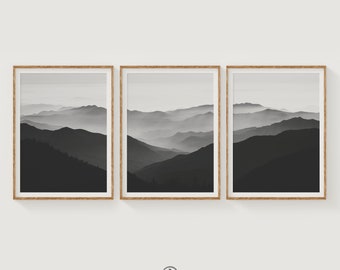 Set of 3 Black and White Prints, Mountain Art Print, Minimalist Art Print, Set of 3 Prints, Mountain Landscape Wall Art, Bedroom Print Set