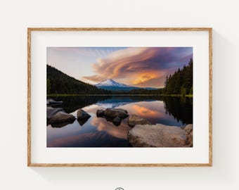 Mt Hood Sunset Print, Trillium Lake Oregon Wall Art, Mountain Reflection Photography, Pacific Northwest Decor
