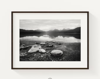 Lake McDonald Black and White Print, Glacier National Park Wall Art, Moody Mountain Reflection Photography, Montana Decor