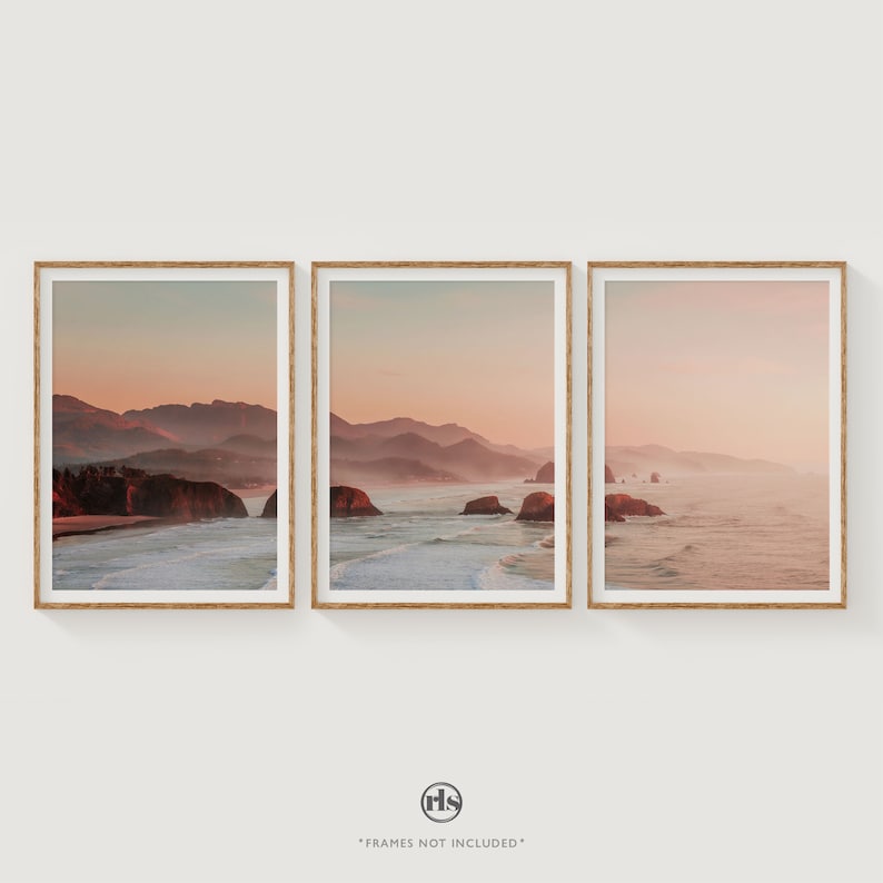 Set of 3 Sunset Coastal Wall Art, Pacific Northwest Beach Art, Coastal Art Beach Wall Decor, Oregon Coast Print, Pink Wall Art Sunset image 1