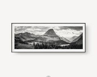 Hidden Lake Overlook Black and White Panoramic Print, Glacier National Park, Montana Mountain Wall Art, Nature Photography
