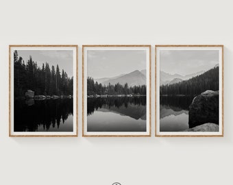 Black & White Bear Lake Set of 3, Rocky Mountain Triptych Art, Peaceful Lake Print Series, Minimalist Nature Decor, Rustic Home Decor