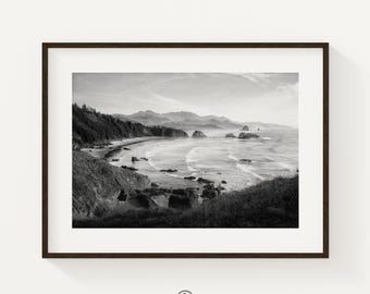 Coastal Beach Landscape Black and White Print, Pacific Northwest Photography, Modern Minimalist Decor