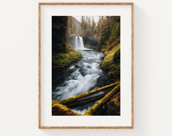 Oregon Waterfall Print, Moody Forest River Wall Art, Pacific Northwest Photography, Koosah Falls