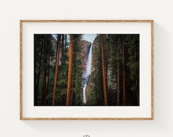 Yosemite Falls Wall Art, Waterfall Through Pines Print, California Forest Photography, Cabin Nature Decor