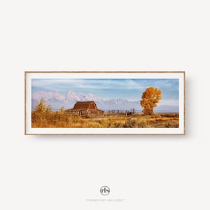 Moulton Barn Panoramic Print, Grand Teton National Park Photography, Wyoming Mountain Landscape Print, Autumn Wall Decor, Western Americana