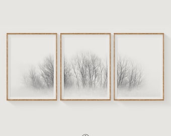Set of Three Foggy Tree Prints, Nordic Minimalist Wall Art