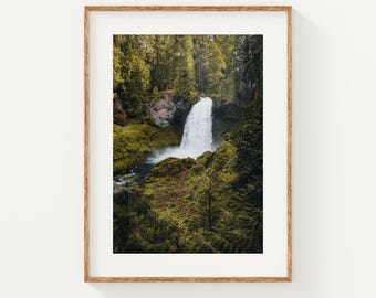 Oregon Waterfall Print, Lush Evergreen Forest Wall Art, Pacific Northwest Photography, Sahalie Falls