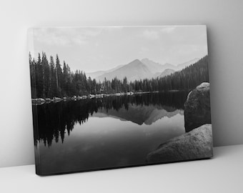 Bear Lake Canvas Print, Rocky Mountain National Park Wall Art, Monochrome Nature Photography, Colorado Lake, Black and White Canvas