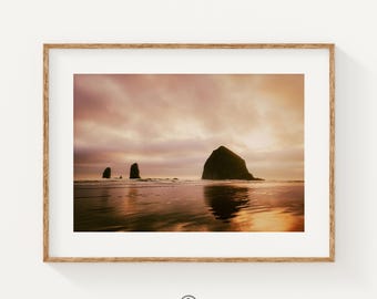 Cannon Beach Sunset Wall Art, Haystack Rock Print, Dreamy Oregon Coast Photography, Coastal Bedroom Decor