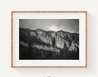 Ribbon Fall Yosemite Print, Black and White Waterfall Photo, Monochrome Yosemite National Park Art, Nature Photography, California Waterfall