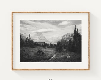 Glacier National Park Print: Black and White Mountain Landscape Photography