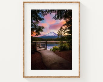 Mt Hood Sunrise Photography Print, Trillium Lake Boardwalk Photo, Oregon Mountain Art, PNW Cabin Decor
