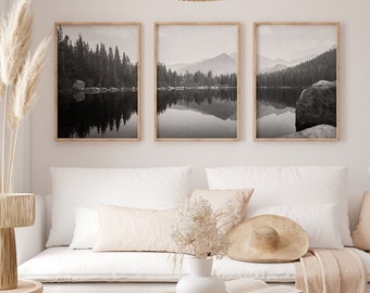 Black & White Bear Lake Set of 3, Rocky Mountain Triptych Art, Peaceful Lake Print Series, Minimalist Nature Decor, Rustic Home Decor