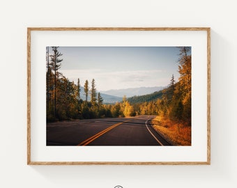 Montana Road Trip Print, Autumn Drive in Glacier National Park, Sunset Mountain Road Landscape, Rustic Home Decoration, Travel Lover Gift