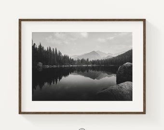 Black and White Colorado Mountain Print, Nature Decor, Rocky Mountain Wall Art, Bear Lake Print Black and White, Colorado Photography Prints