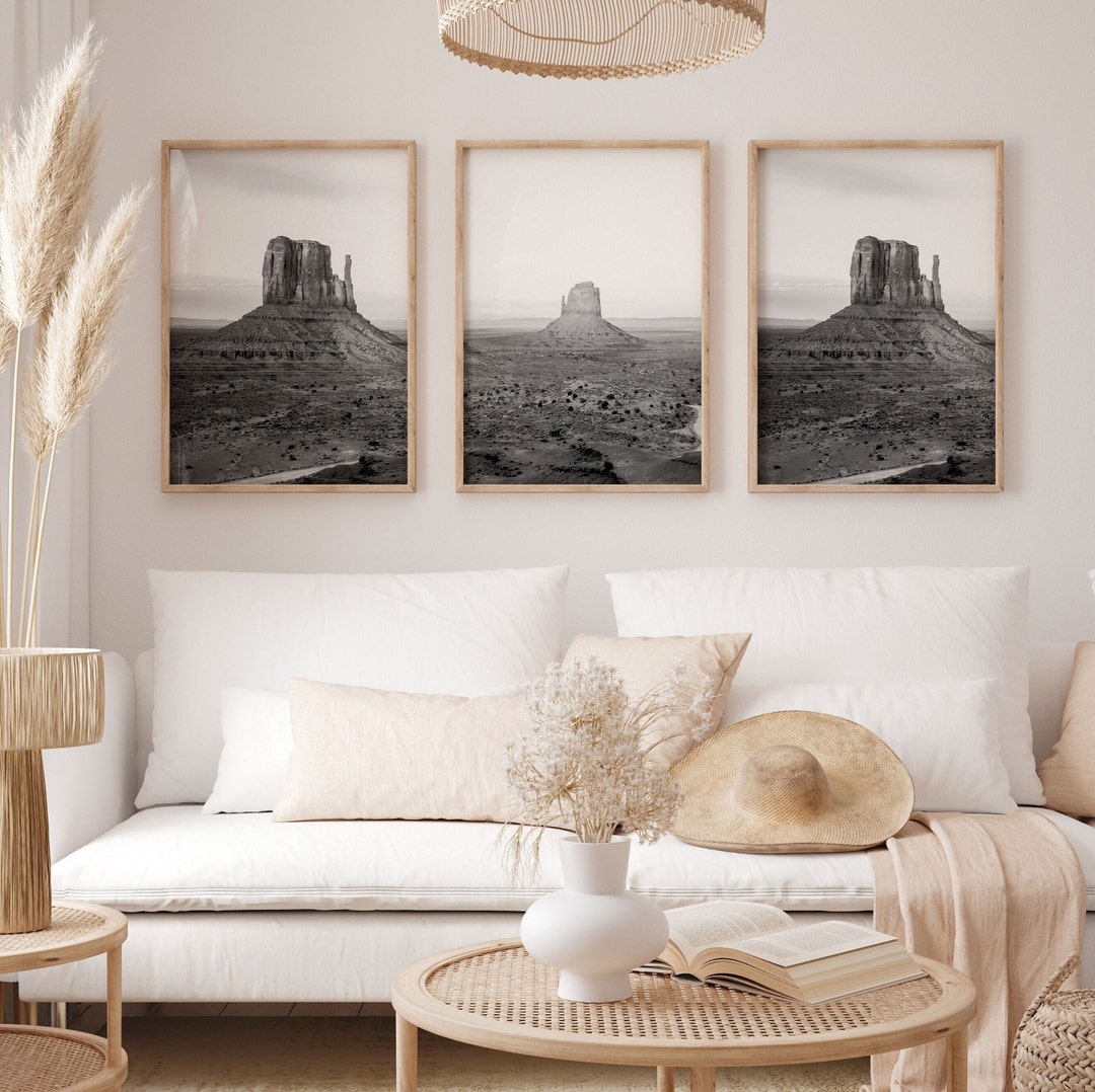Set of 3 Black and White Boho Wall Art, Monument Valley Photography ...