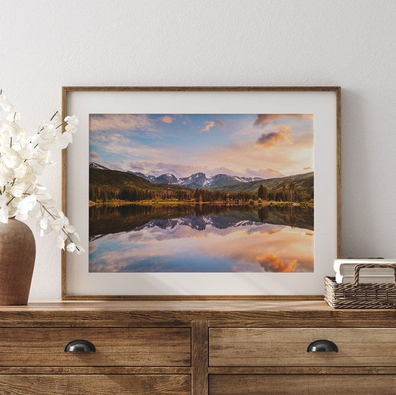 Rocky Mountain National Park Print, Vibrant Sunset over Sprague Lake, Colorado Landscape Wall Art, Colorado Mountain Landscape Photo image 1