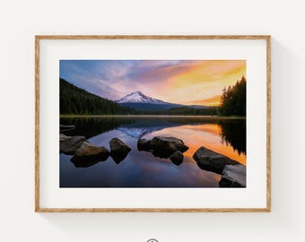 Mt Hood Sunrise Print, Trillium Lake Reflection, Oregon Landscape Photography (Giclee Print)