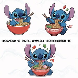 Pacote de Ramen Stitch PNG • Clipart de Tigela de Macarrão Fofo • Desenho Animado Stitch Comendo Ramen • Download Instantâneo PNG 4000x4000 HD • Arquivo Digital