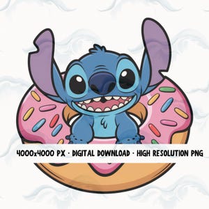 Dona de Stitch PNG • Clipart de dibujos animados lindo • Dona rosa con chispas de Stitch • Descarga instantánea PNG de 4000x4000