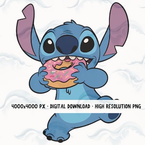 Stitch Eating Donut PNG • Süßer Cartoon Clipart • Rosa Sprinkle Donut mit Stitch • 4000x4000 PNG Sofort Download