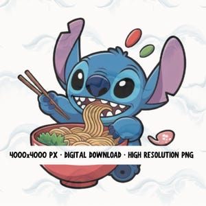 Stitch Ramen PNG • Clipart de Tigela de Macarrão • Stitch Comendo Ramen • Download Instantâneo HD PNG 4000x4000 • Arquivo Digital