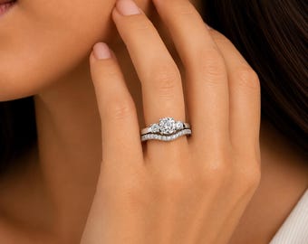 Bague de fiançailles trois diamants, bague de mariée pavée taille ronde