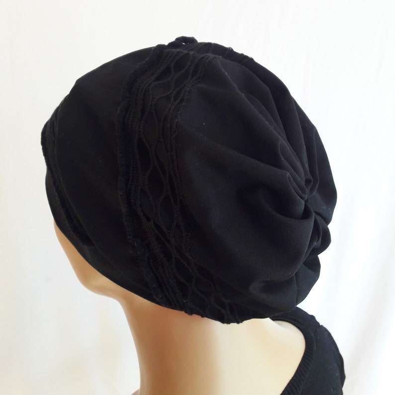 Mütze Damen Ballonmütze Turban Beanie Baskenmütze Schwarz Spitzen CHEMO Alopezie statt Perücke Bild 5