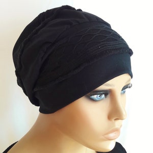 Mütze Damen Ballonmütze Turban Beanie Baskenmütze Schwarz Spitzen CHEMO Alopezie statt Perücke Bild 4