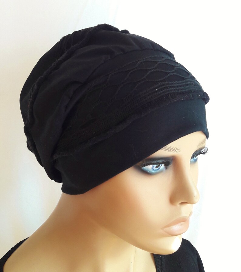 Mütze Damen Ballonmütze Turban Beanie Baskenmütze Schwarz Spitzen CHEMO Alopezie statt Perücke Bild 4