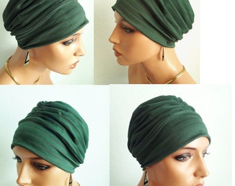 Attractive Women's Turban Hat Beanie Jersey Soft Mud Green Stripes CHEMO Alopecia Instead of Wig