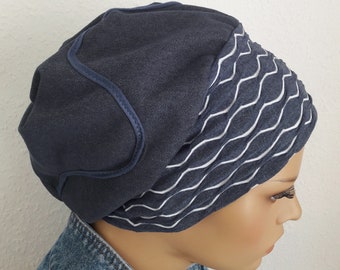 ATTRAKTIVE Damen Ballonmütze Baskenmütze Turban  Blau Grau Jans Rippen Chemo Alopezie statt Perücke