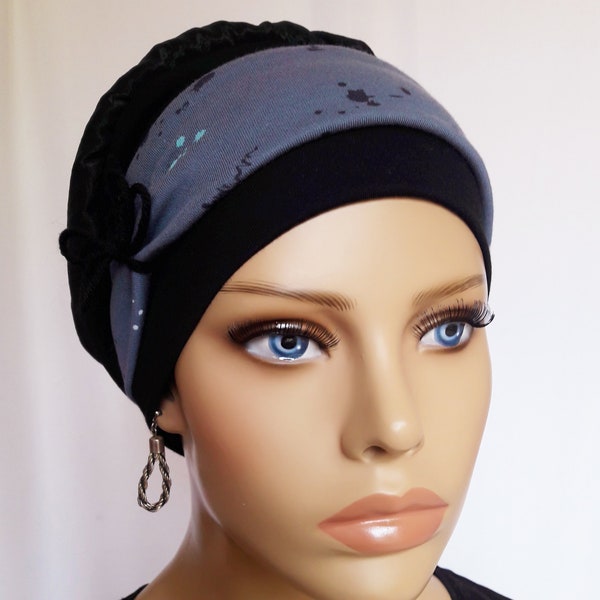 Festive hat, balloon hat, turban, 2 pieces, wrinkled taffeta fabric, black + headband, gray patterned, CHEMO alopecia instead of wig