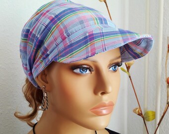 Couvre-chef femme Casquette Batiste Casquette à visière Serviette de plage Convertible Towel Cap/Towel Blue Purple Check