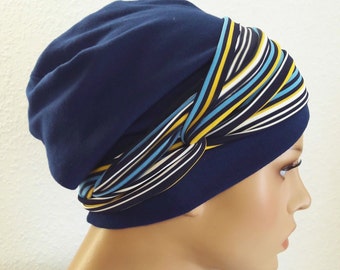 WOMEN'S Beanie Headband 2 Piece Night Blue Colorful Stripes Cotton Jersey Chemo Alopecia