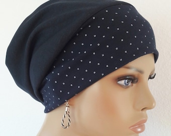 FEMMES BONNET Casquette Long Hat Turban Night Blue Polka Dots Jersey Chemo Alopécie au lieu de Perruque